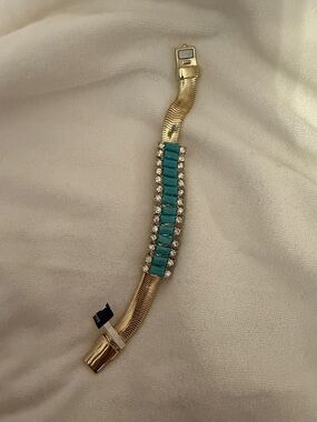 Banana Republic Gold Bracelet with Teal Stones and Clear Crystals